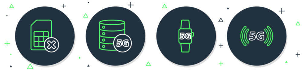 Wall Mural - Set line Server 5G network, Smart watch, Sim card rejected and icon. Vector