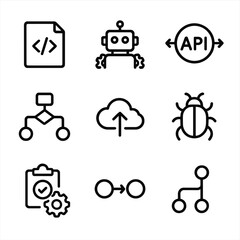 Software Automation Icons. Outline icon set of software automation: code script, robot process, API integration, workflow
