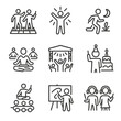 © Coosh448 - Glowstick and Signal Icons. Outline icon set of glowstick events: dance floor, light show, night run, yoga class, concert stage,