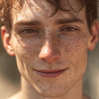 © Nazuna - FRONT VIEW, portrait of a 25-year-old skinny Caucasian male model, clean skin, smiling, no beard, sunny day.