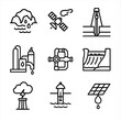 © Влада Яковенко - Water Systems Icons. Outline icon set of water deployment systems: polar ice cap melt station, comet redirector, subsurface ice