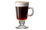 Irish coffee in a footed glass.  A rich, dark coffee drink topped with whipped cream and a hint of spice