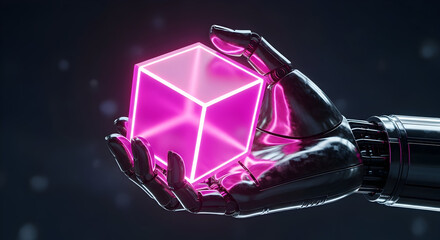 Robotic hand holding glowing pink cube