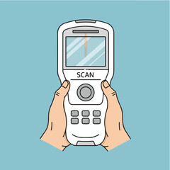 Hands holding a handheld scanner device with a screen displaying a scanning line and buttons for operation.
