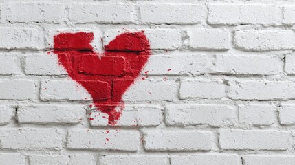 Canvas Print - red heart shape painted on white brick wall for urban art lovers