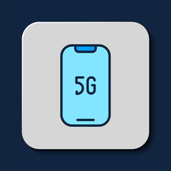 Wall Mural - filled outline mobile with 5g new wireless internet wifi icon isolated on blue background. global ne