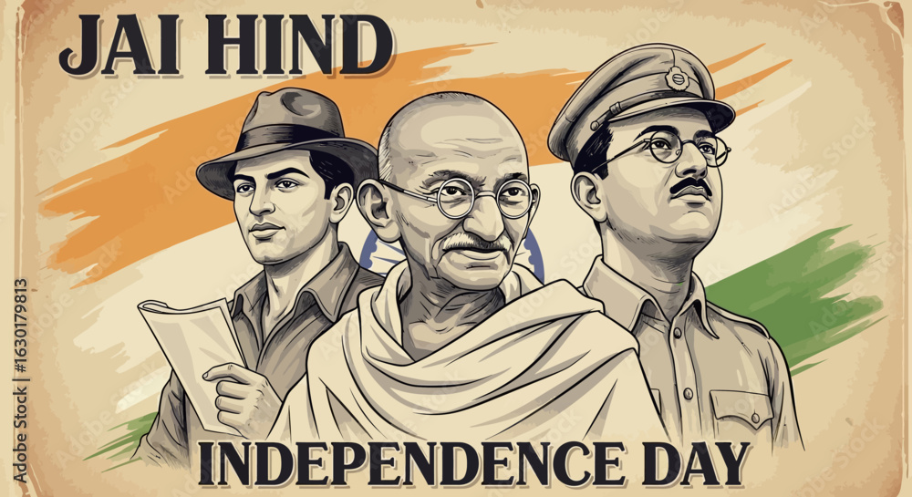 Vintage illustration of Indian freedom fighters Mahatma Gandhi ...