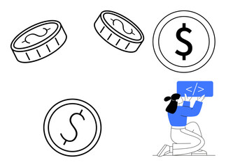 Coins with dollar signs floating above a developer coding. Ideal for finance, technology, programming, investments, digital economy, fintech, entrepreneurship, simple landing page