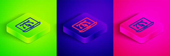 Isometric line Computer display with vector design program icon isolated on isolated on green, blue and pink background. Photo editor software with user interface. Square button. Vector