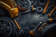 © Dmitriy - Various car spare parts on a mechanic workbench background in a garage, auto repair shop or auto parts store concept.