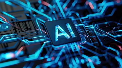 abstract ai logo with glowing blue digital circuit background, futuristic artificial intelligence an