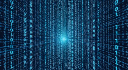 Streams of bright blue digital binary numbers cascade forward into light center