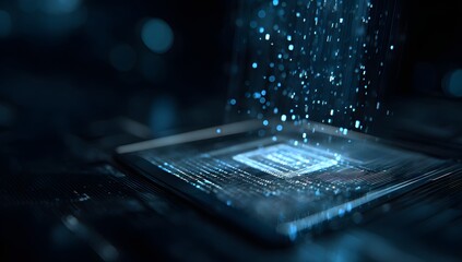 Data stream falling onto a processor chip, dark background, technology concept