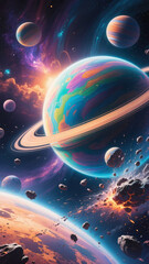Wall Mural - Vibrant Cosmic Scene with Planets and Asteroids