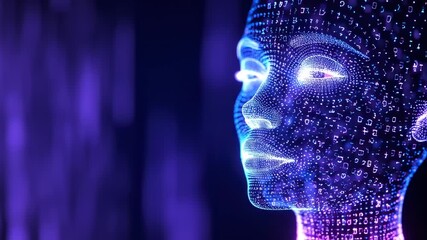 AI Digital Head with Tech, Data, Futuristic, Cyberpunk, and Neon Background.