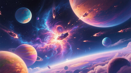 Wall Mural - Vibrant Cosmic Scene with Planets and Nebulae
