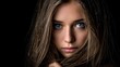 © PaulShlykov - Close-up of a woman with striking blue eyes and flowing brown hair looking directly at the camera