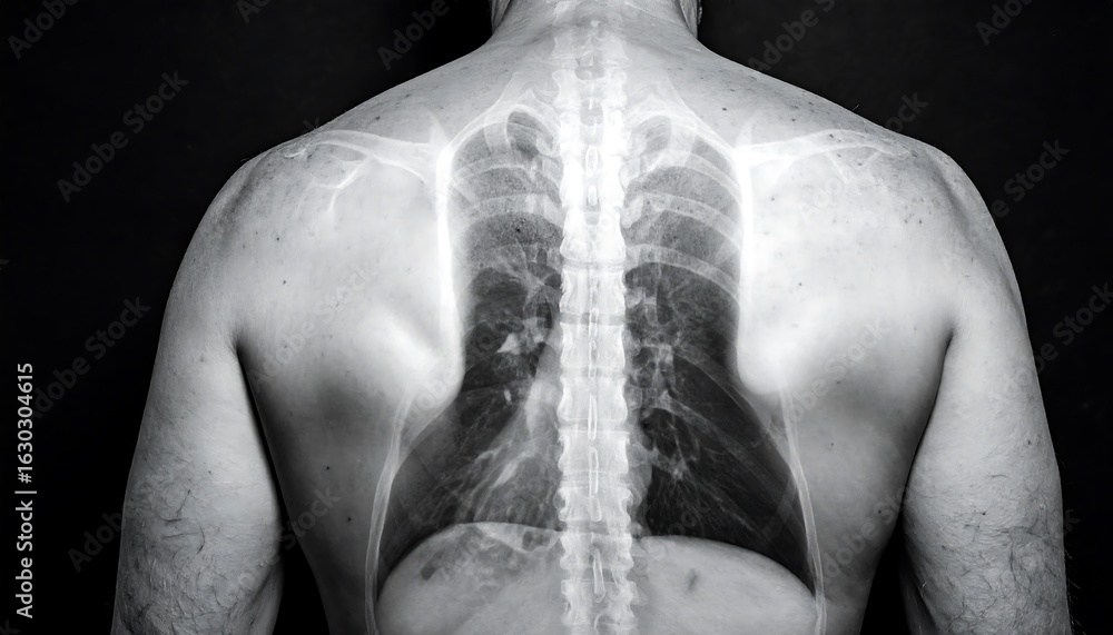 Posterior chest X-ray showing lungs, spine, and rib cage Stock Photo ...