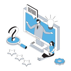 Wall Mural - Customer support 3d isometric concept with isometry people design for web. Operator in headset consulting client in video chat, answering question, solving technical problems. Vector illustration