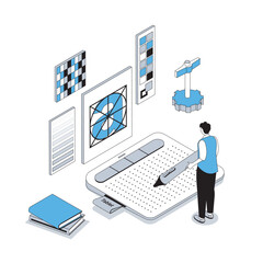 Wall Mural - designer studio 3d isometric concept with isometry people design for web. illustrator drawing digita