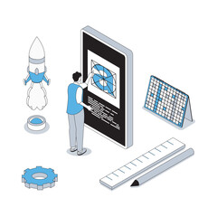 Wall Mural - designer studio 3d isometric concept with isometry people design for web. illustrator working with t
