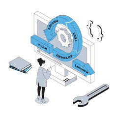 Wall Mural - devops 3d isometric concept with isometry people design for web. administrator monitoring life cycle