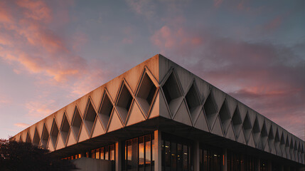 Wall Mural - pink and orange sunset over geometric concrete building