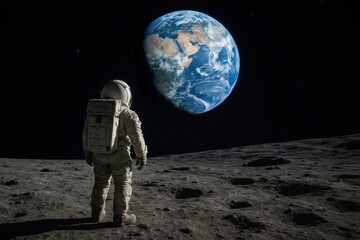Wall Mural - A lone astronaut stands on the moon, gazing at Earth from the vast expanse of space