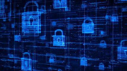 Futuristic cyber security vector illustration. Data security scanning. Wireframe locks on blue background. Padlock technology, cybersecurity, and digital encryption.