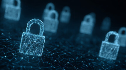 Futuristic cyber security vector illustration. Data security scanning. Wireframe locks on blue background. Padlock technology, cybersecurity, and digital encryption.