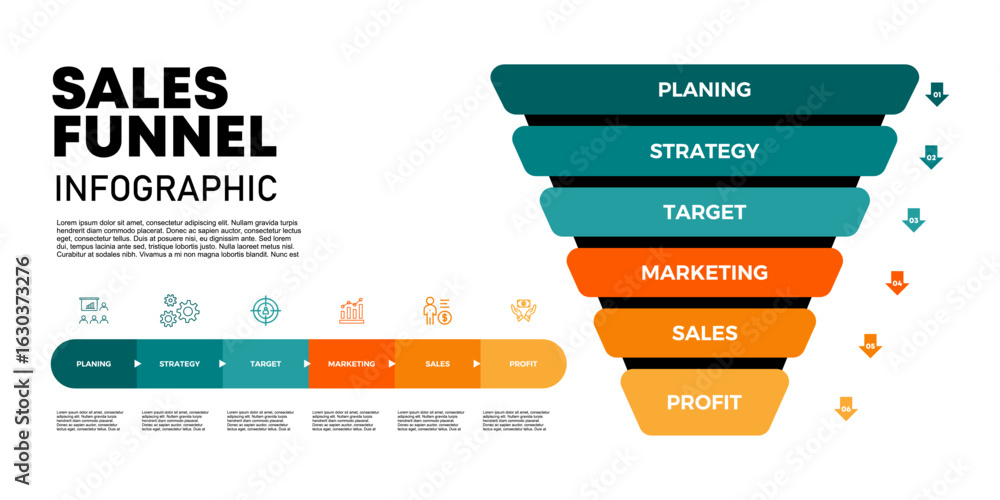 Infographic Sales funnel diagram template for business. 6 steps level ...