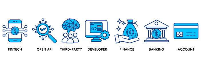 Open banking icon set vector illustration concept relate to financial technology with an icon of the fintech, coding, open API, finance, banking, third party developer, and account