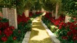 © Takalar - A vibrant, pixelated pathway lined with red flowers and light beige pillars. Sunlight highlights the golden bricks