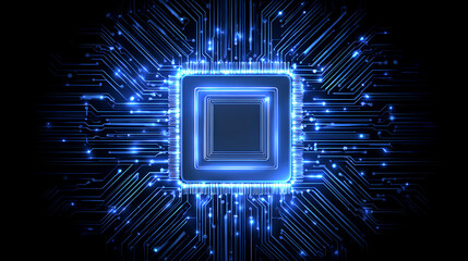 Wall Mural - technology quantum blue portal on circuit motherboard with thin line glowing wires. tech background.