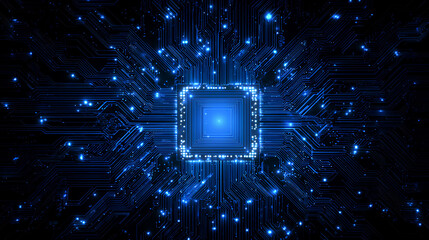 Wall Mural - technology quantum blue portal on circuit motherboard with thin line glowing wires. tech background.