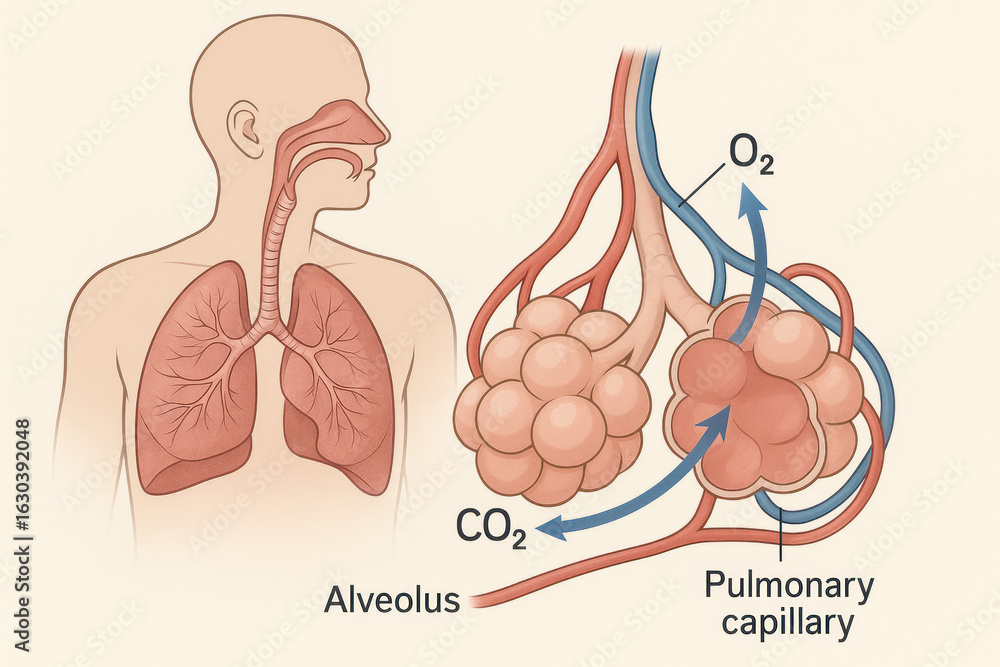 O2 In Co2 Out Human Respiratory System Illustration: Oxygen and Carbon Dioxide ...