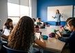 © Ai creative universe - Children in a classroom engaged with digital tablets while a teacher stands near a whiteboard