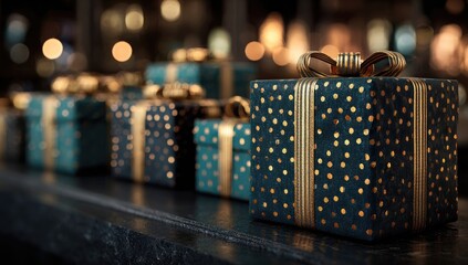 Teal and gold gift boxes arranged on a dark surface, bokeh lights in the background