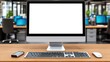 © PaulShlykov - Computer monitor with blank screen on wooden desk in modern office environment