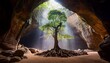 © Jessi - a majestic tree stands tall in the center of a vast open cave its roots sprawling across the rocky ground illuminated by soft natural light filtering in