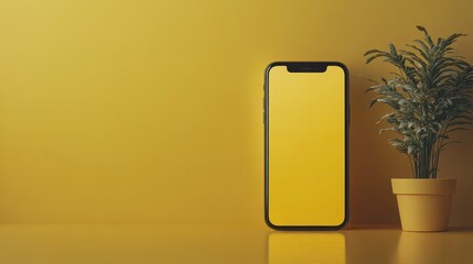 Happy young woman standing and showing blank screen of huge phone, mock up