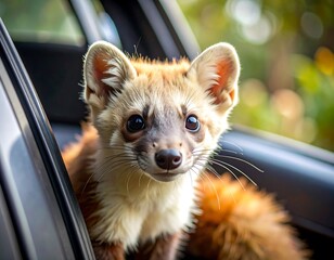  Cute, young weasel peering out of car window