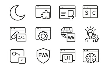 Web development icons featuring moon, plugins, browsers, and coding elements