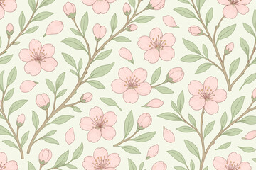  Elegant Seamless Pattern of Hand-Drawn Pink Cherry Blossoms and Green Leaves on Light Background