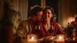 © Johannes - happy young couple in love hugging drinking wine enjoying tender moment together celebrating valentines day dining at cozy home having romantic dinner date with candles bonding sitting at table no lo