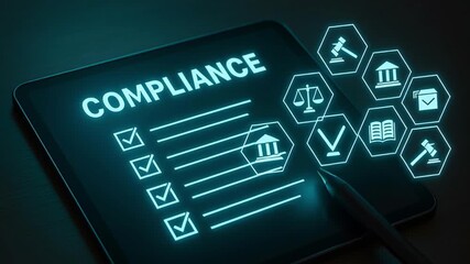 A digital device displays a list of compliance checks, with several icons representing rules, laws, and order. 
