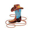 © Vistara - Vector Illustration Frame from rope lasso with cowboy boots and hat in color. Design element for sign, poster, card, banner