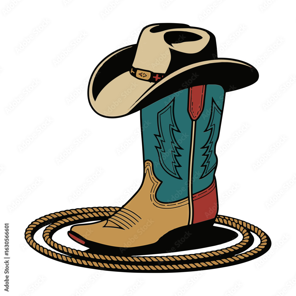 Vector Illustration Frame from rope lasso with cowboy boots and hat in ...
