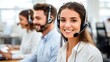 © Formoney - Three call center staff members, wearing headsets, are assisting customers. They appear focused and friendly in a bright, open office space during work hours.