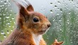 © Judith - close up of a cute squirrel looking through a wet window on a rainy day